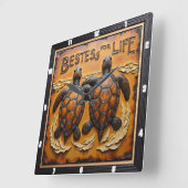 Engraved Turtle Pair Rough Water スクエア壁時計 (傾斜)