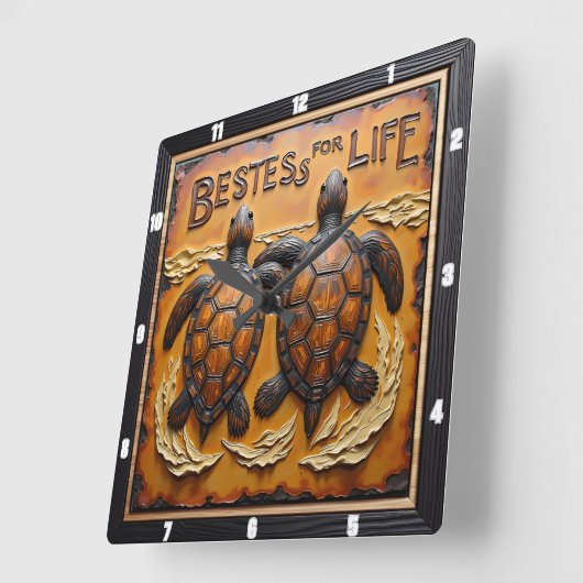Engraved Turtle Pair Rough Water スクエア壁時計 (傾斜)