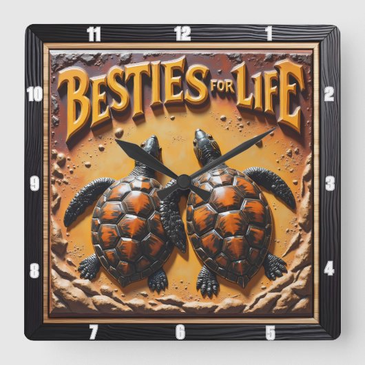 Engraved Turtle Pair Sand Besties スクエア壁時計 (正面)