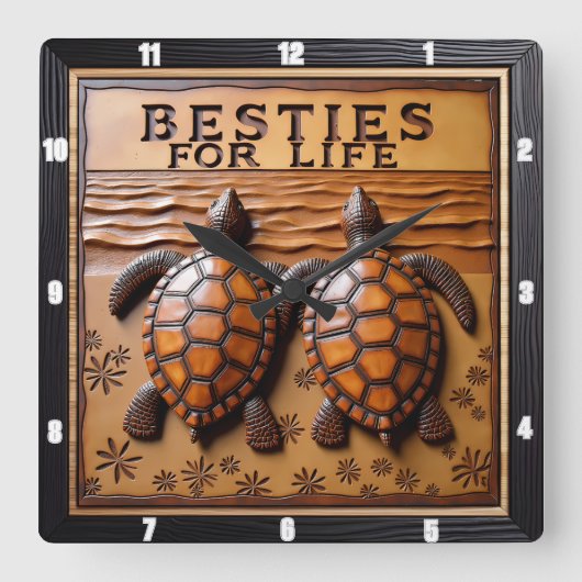 Engraved Turtle Pair Sand Flower スクエア壁時計 (正面)