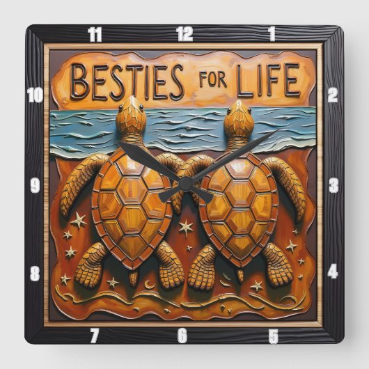 Engraved Turtle Pair Shoreline Besties スクエア壁時計 (正面)