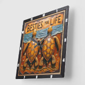 Engraved Turtle Pair Shoreline Besties スクエア壁時計 (傾斜)