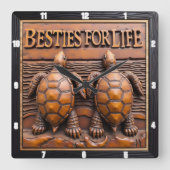 Engraved Turtle Pair Wood Grain スクエア壁時計 (正面)