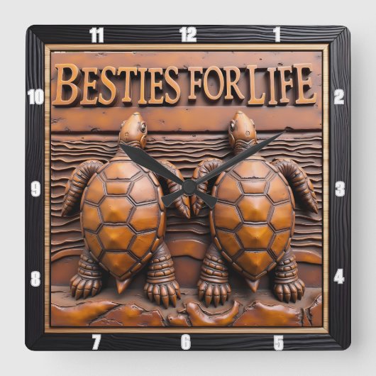 Engraved Turtle Pair Wood Grain スクエア壁時計 (正面)