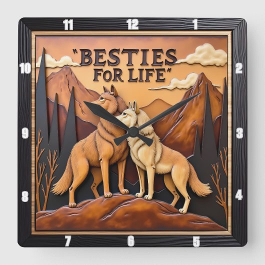 Engraved Wolf Pair Mountain Embrace スクエア壁時計 (正面)