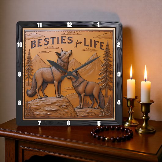 Engraved Wolf Pair Mountain Pine スクエア壁時計