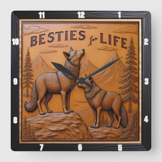 Engraved Wolf Pair Mountain Pine スクエア壁時計 (正面)