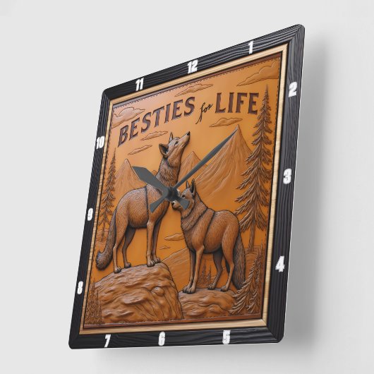 Engraved Wolf Pair Mountain Pine スクエア壁時計 (傾斜)