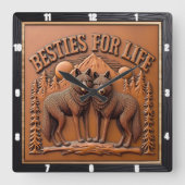 Engraved Wolf Pair Mountain Sunset スクエア壁時計 (正面)