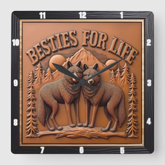 Engraved Wolf Pair Mountain Sunset スクエア壁時計 (正面)
