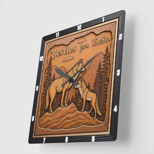 Engraved Wolf Pair Orange Mountain スクエア壁時計 (傾斜)
