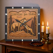 Engraved Wolf Pair Orange Mountain スクエア壁時計