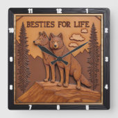 Engraved Wolf Pair Pine Forest スクエア壁時計 (正面)