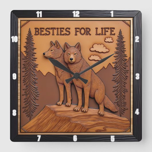 Engraved Wolf Pair Pine Forest スクエア壁時計 (正面)