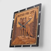 Engraved Wolf Pair Pine Forest スクエア壁時計 (傾斜)