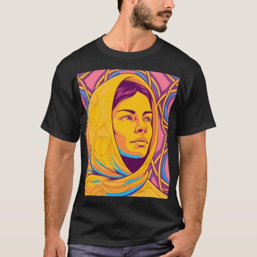 Enigmatic Brazilian Woman in Vibrant Pop Art Tシャツ (正面)