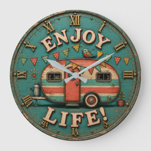 Enjoy Life Camper Rustic Trailer Gift for Campers ラージ壁時計 (正面)