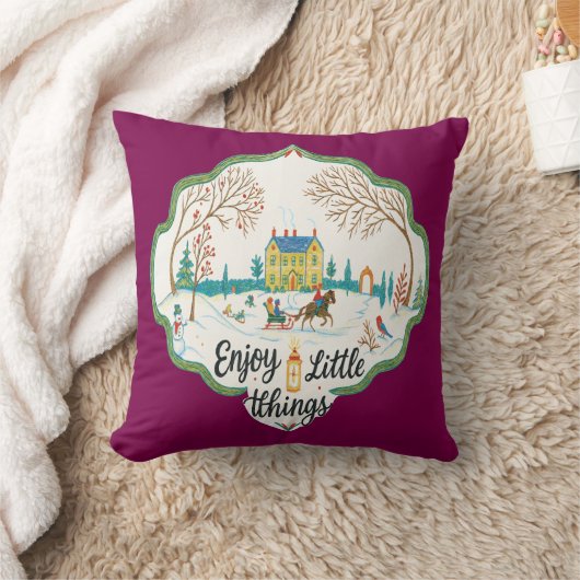 Enjoy Little Things Cozy Winter Scene Throw Pillow クッション (ブランケット)