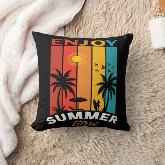 Enjoy Summer Time Retro Beach Tee クッション (ブランケット)
