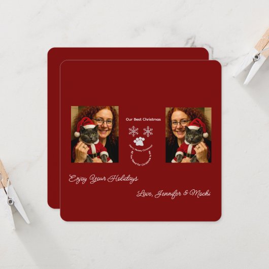 Enjoy Your Holidays, Christmas Cat And Owner Photo カード (正面/裏面インサイチュ)