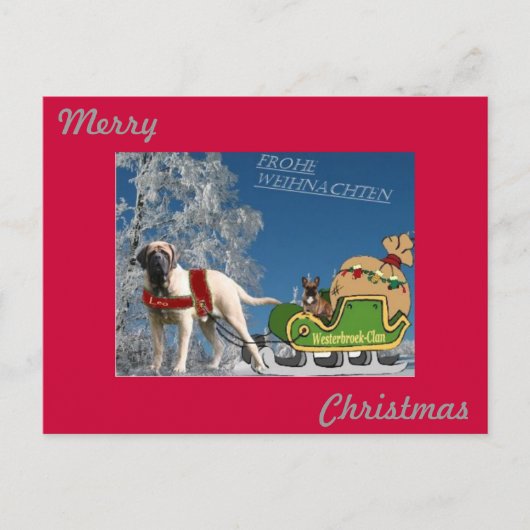 Enlish Mastiff und French Bulldog Schlitten シーズンポストカード (正面)