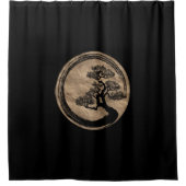 Ensoの禅の円および盆栽の木の金ゴールド シャワーカーテン (正面)