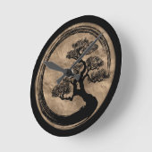 Ensoの禅の円および盆栽の木の金ゴールド ラウンド壁時計 (傾斜)