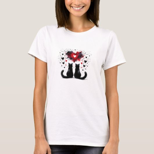 Entwined Fates: Two Black Cats & Heart Burst Tシャツ (正面)