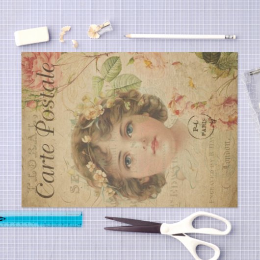 Ephemeraはがきフランスのかわいい女の子の切り離し 薄葉紙 (クラフト)