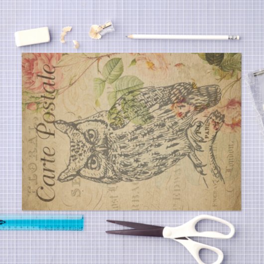 Ephemeraはがきフランスのラインアートフクロウの切り離し 薄葉紙 (クラフト)