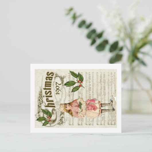 Ephemera 1907 Christmas Carol Script Holly Berry ポストカード (スタンド正面)