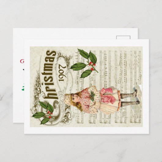 Ephemera 1907 Christmas Carol Script Holly Berry ポストカード (正面/裏面)