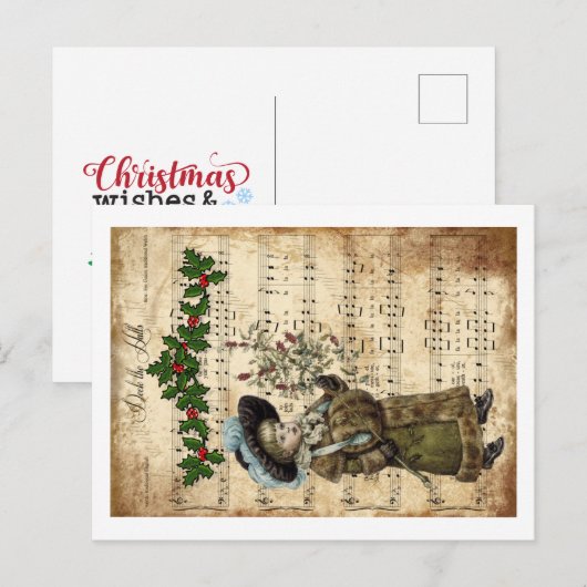 Ephemera Deck the Hall Christmas Carol Script シーズンポストカード (正面/裏面)