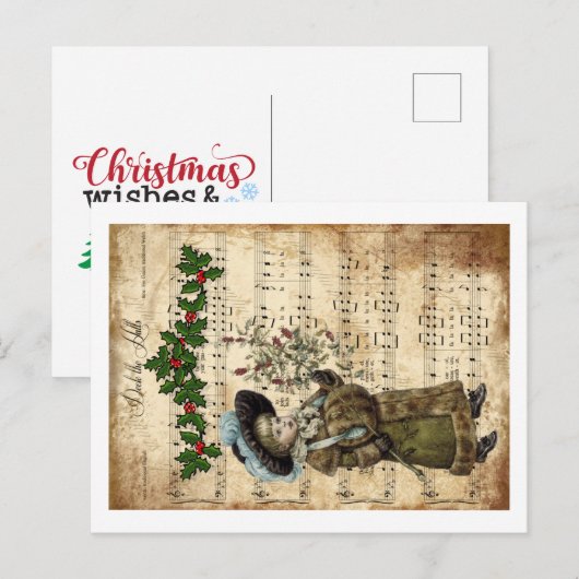 Ephemera Deck the Hall Christmas Carol Script ポストカード (正面/裏面)