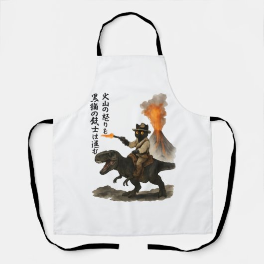 Epic Black Cat Cowboy Riding Dinosaur with Volcano エプロン (正面)
