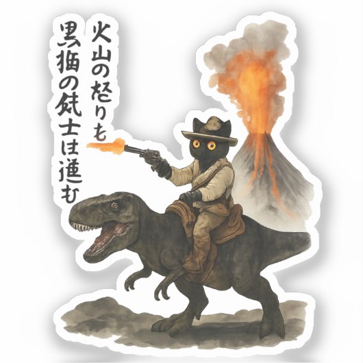 Epic Black Cat Cowboy Riding Dinosaur with Volcano シール (正面)