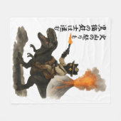 Epic Black Cat Cowboy Riding Dinosaur with Volcano フリースブランケット (正面(横))