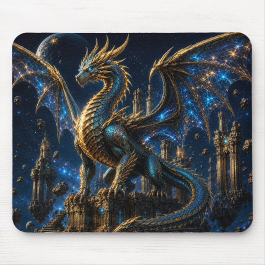 Epic Blue & Gold Fantasy Dragon Mouse Pad マウスパッド (正面)
