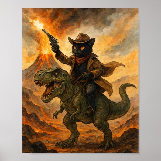 Epic Cowboy Cat Riding Dinosaur – Bold Watercolor ポスター (正面)