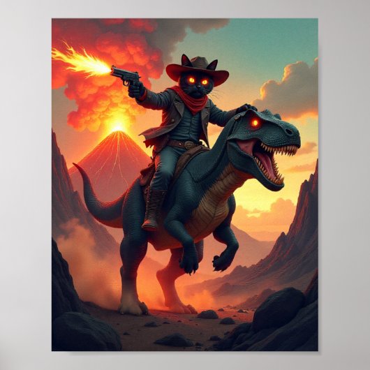 Epic Cowboy Cat Riding Dinosaur | Fantasy Sci-Fi ポスター (正面)