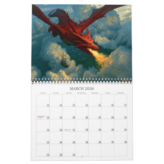 Epic Dragon Art Fantasy Calendar カレンダー (3月 2026)