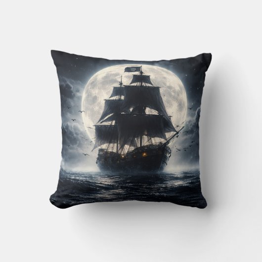 Epic Pirate Ship Moon Throw Pillow – Dark Ocean Pi クッション (正面)