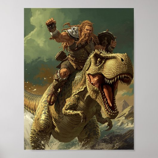 Epic Viking Warrior Riding a Roaring T-Rex ポスター (正面)