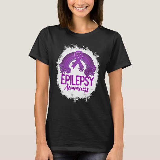 Epilepsy Awareness Bleached Rainbow Purple Ribbon Tシャツ (正面)