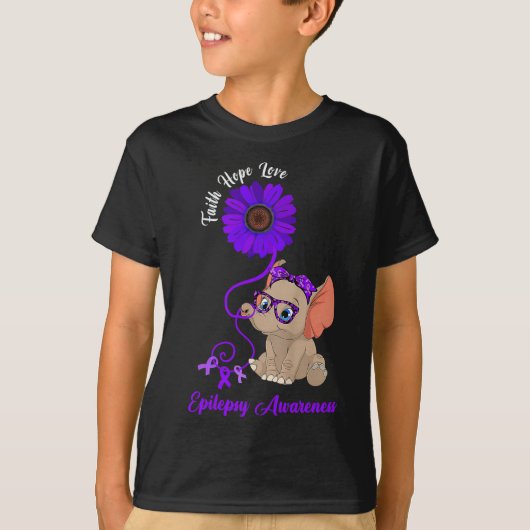 Epilepsy Awareness Elephant Faith Hope Love Sunflo Tシャツ (正面)