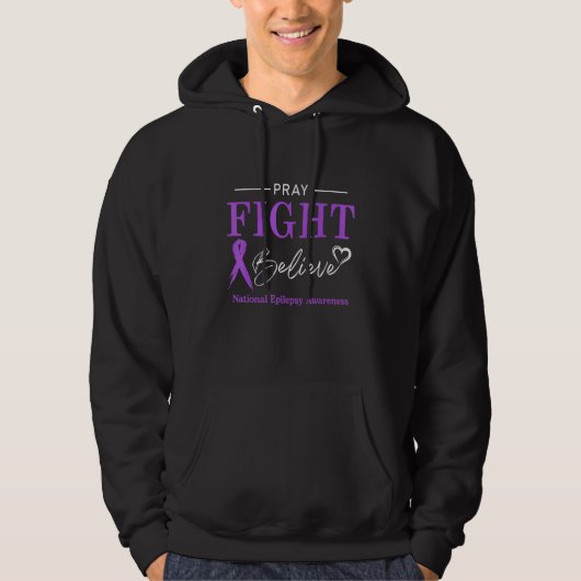 Epilepsy Awareness Month Pray Fight Believe Ribbon パーカ (正面)