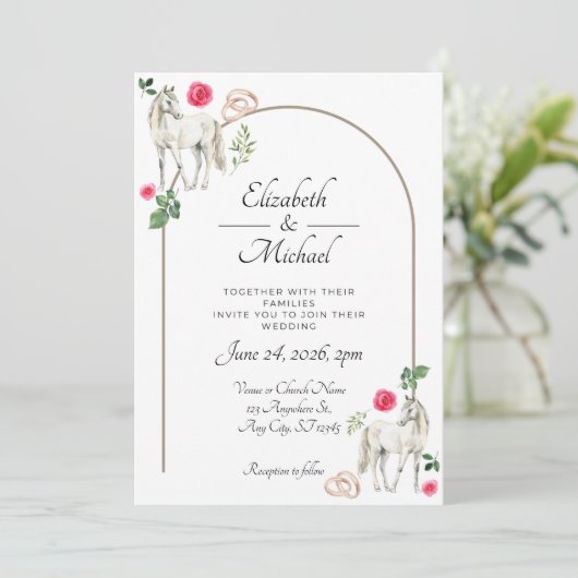 Equestrian Pink Floral Rustic Wedding 招待状 (スタンド正面)