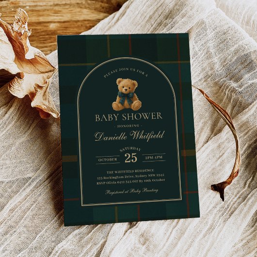 Equestrian Polo Plaid Teddy Bear Baby Shower 招待状