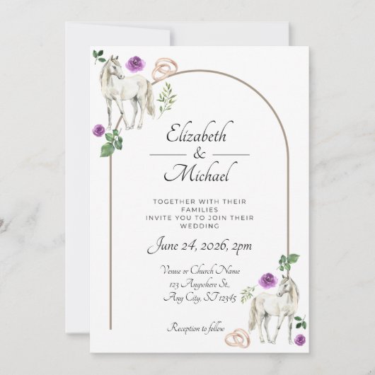 Equestrian Purple Floral Rustic Wedding 招待状 (正面)