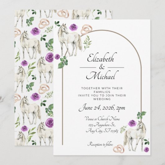 Equestrian Purple Floral Rustic Wedding 招待状 (正面/裏面)